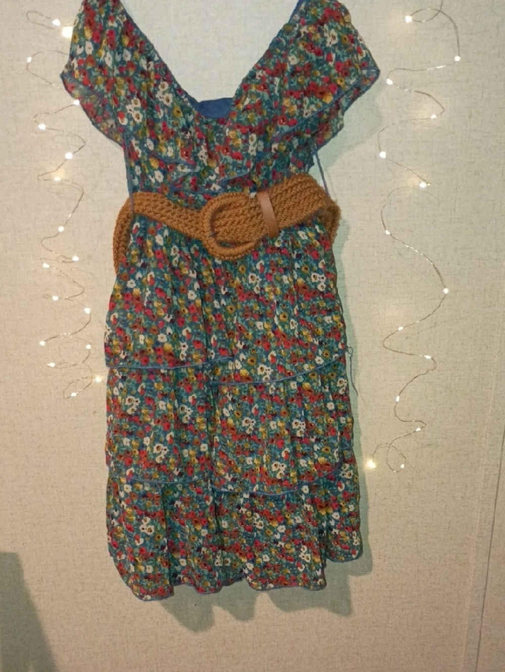 Rue21 Teal Floral Ruffle Dress with Brown Belt